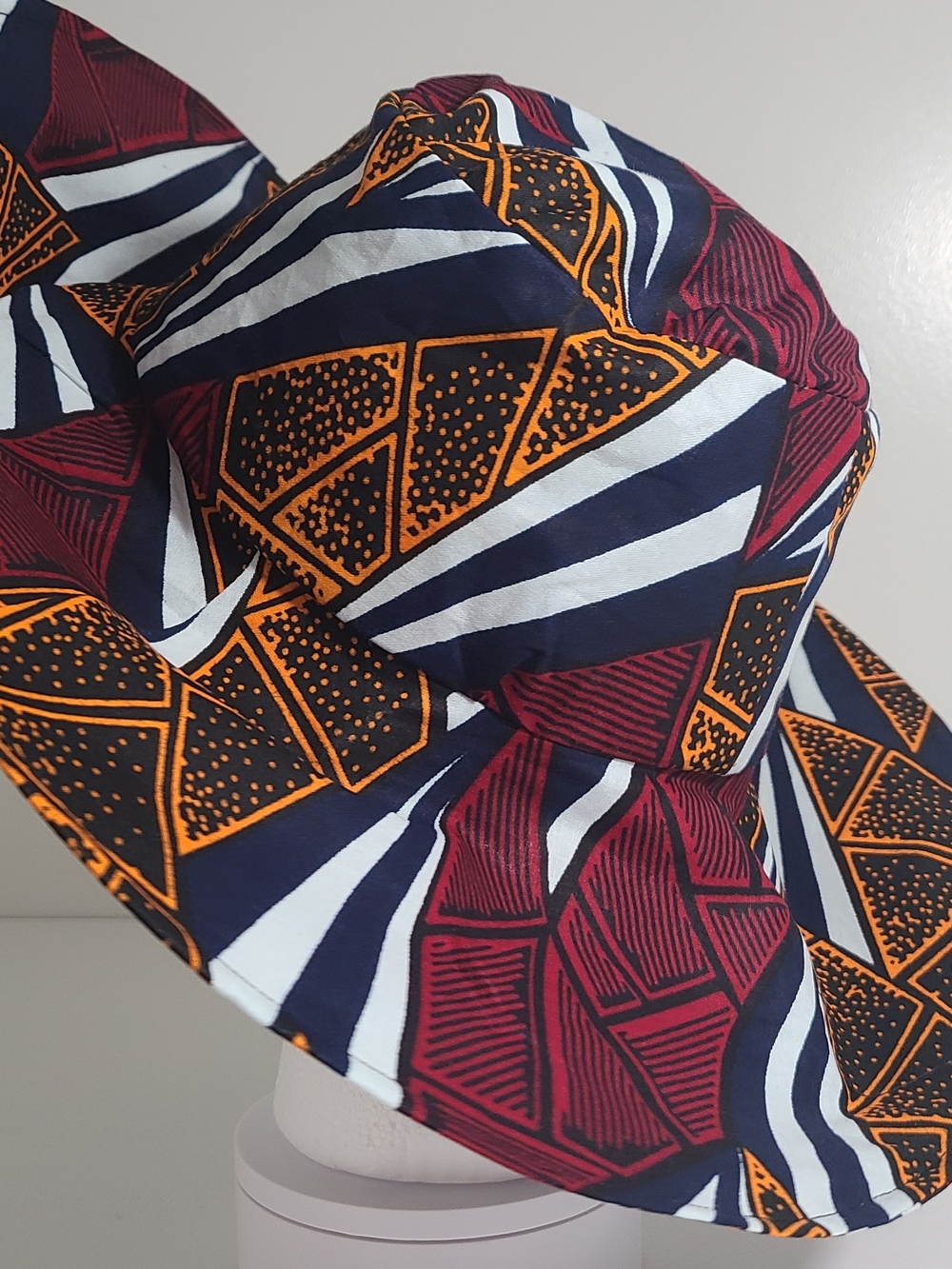 Bold Geometric African Print Sun Hat - Navy, Red & Orange